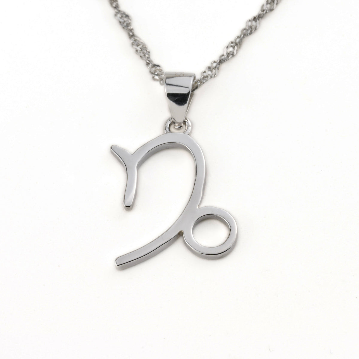 Silver Capricorn pendant necklace on a white background