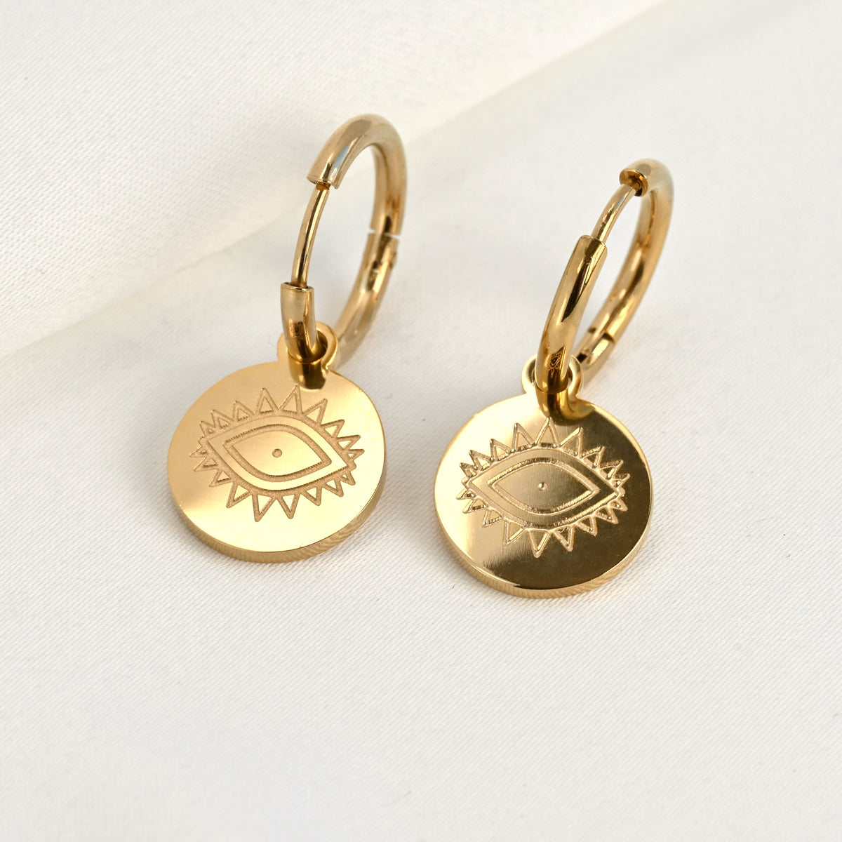 Boho Evil Eye Coin Charm Hoop Earrings - Stainless Steel