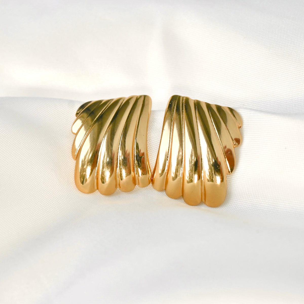 Geometric Gold Ribbed Seashell Earrings - Stainless Steel