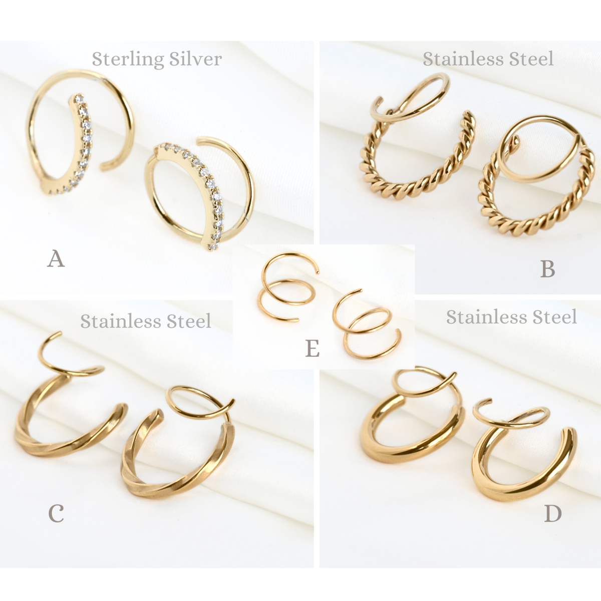 Comparison of gold spiral hoops in sterling silver and stainless steel on a white background.