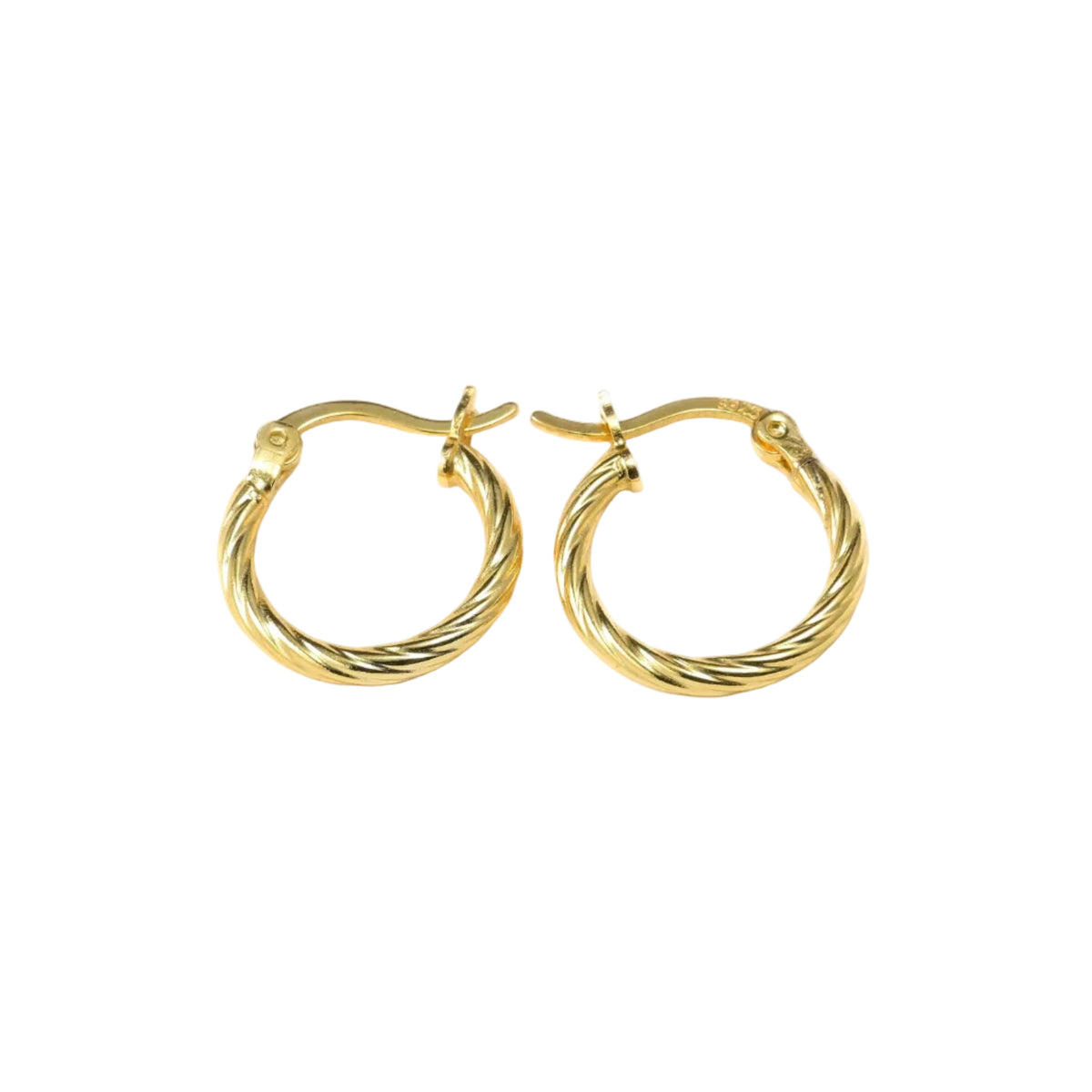 Small twisted Gold hoop earrings on a white background