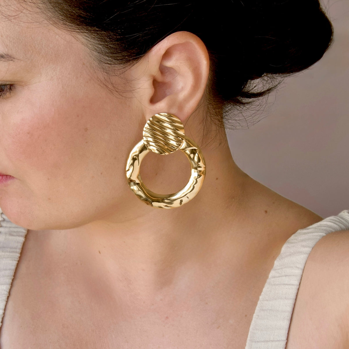 Hammered Double Circle Statement Earrings - Stainless Steel