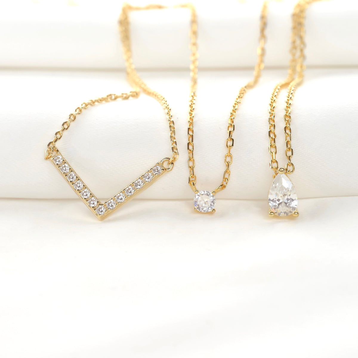 925 Sterling Silver CZ Necklace - Round, Pear & V-shaped Charms