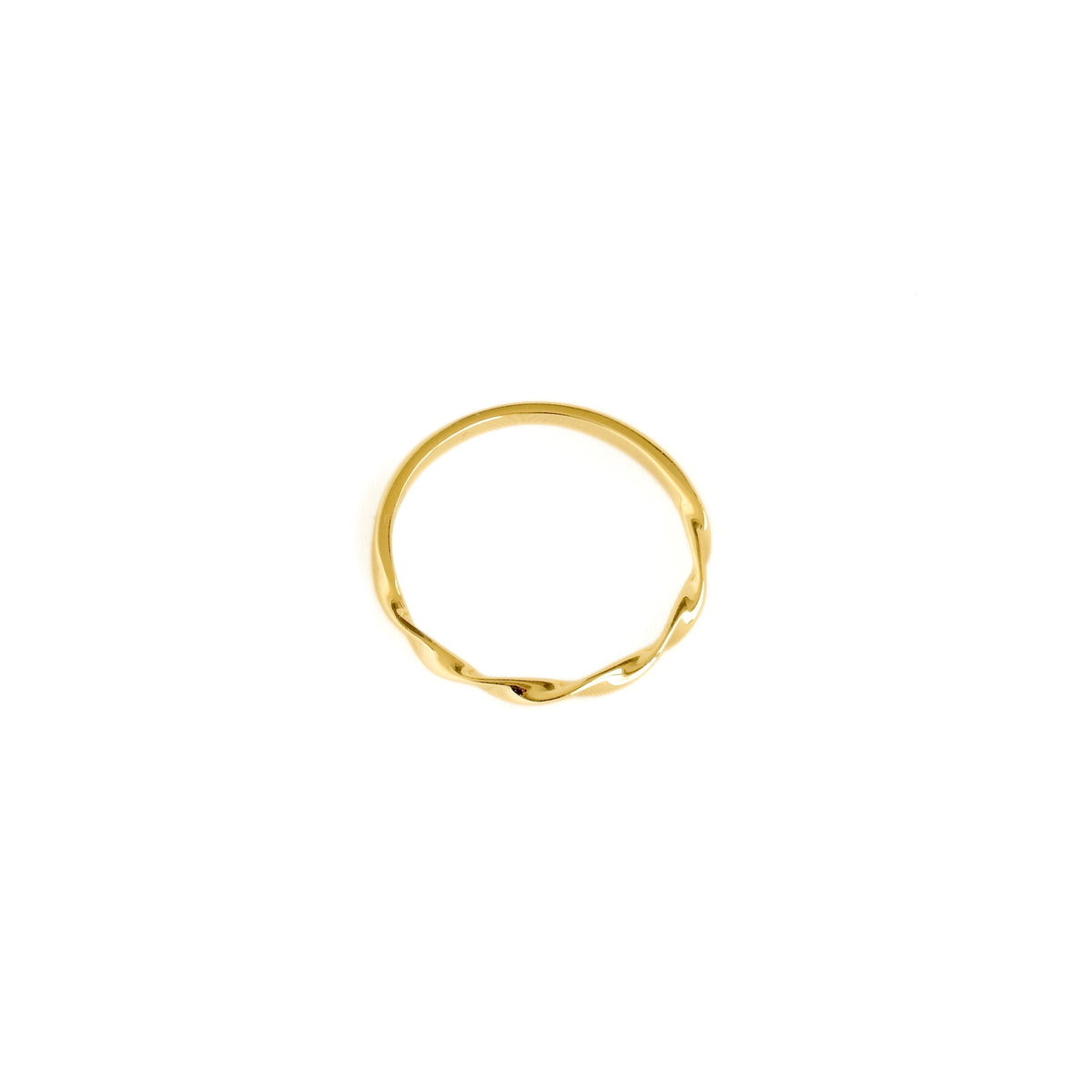 A thin gold ring with a textured, wavy, twisted band design, centered on a solid white background.