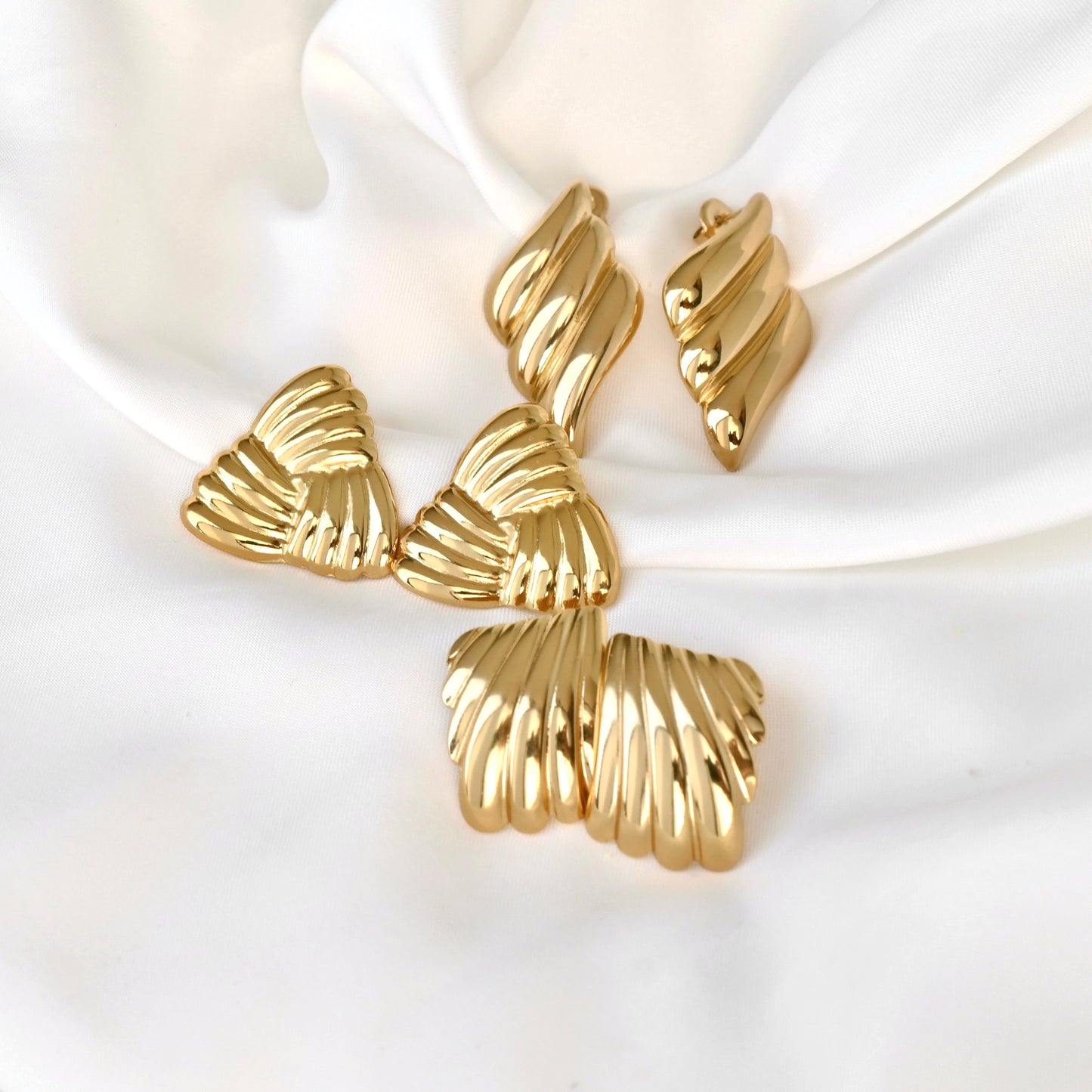 Geometric Gold Ribbed Seashell Earrings - Stainless Steel