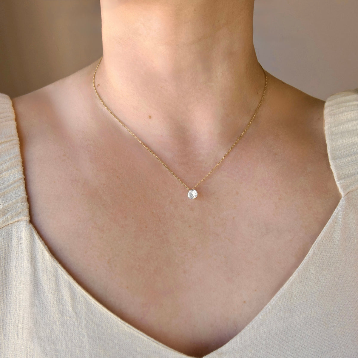Round Solitaire Cubic Zirconia Necklace - Stainless Steel