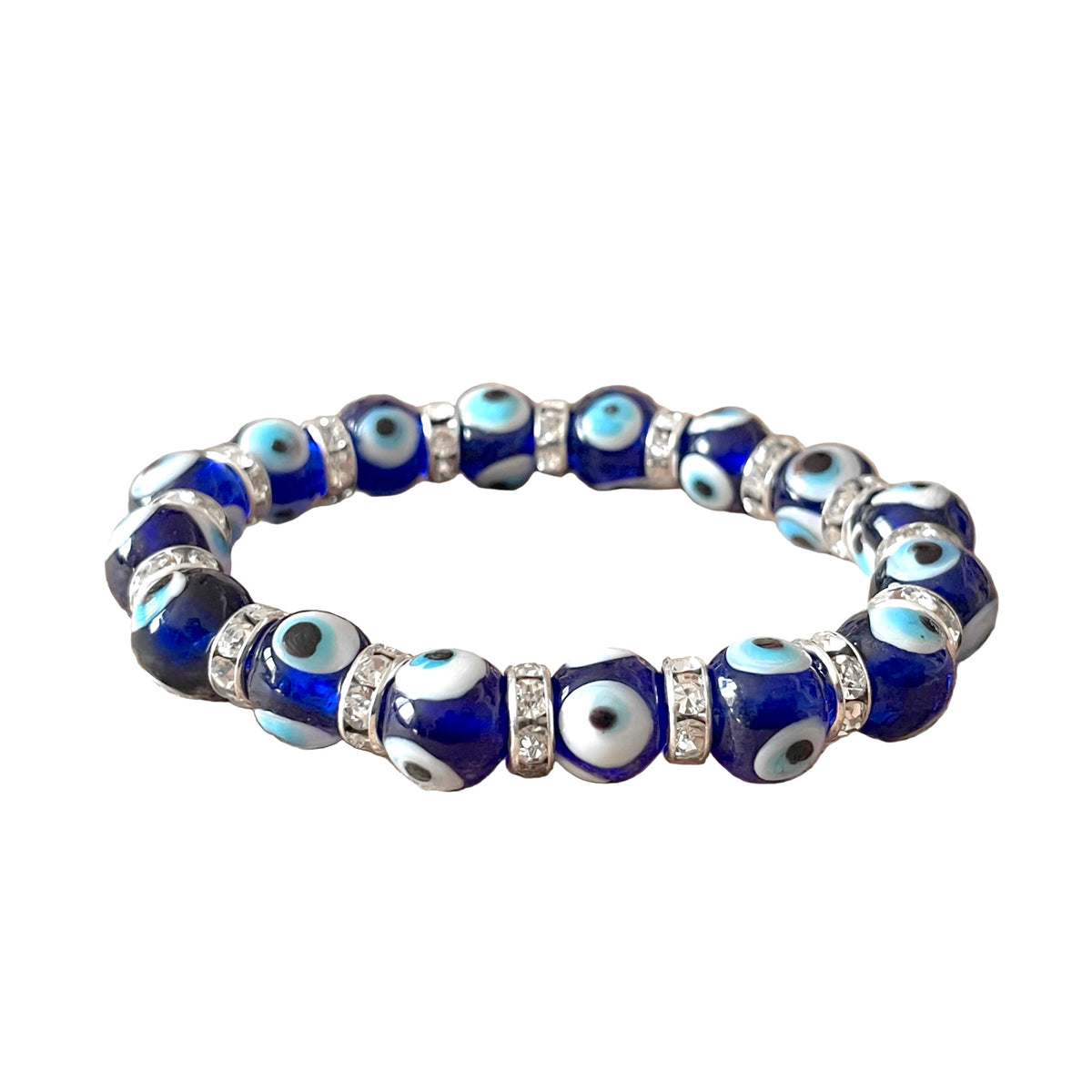 Glass dark blue beaded bracelet with silver and crystal accents on a white background