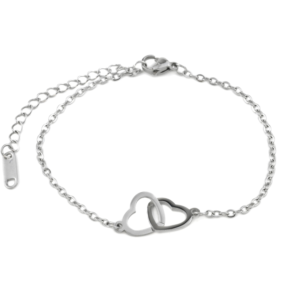 Top view of silver interlocking hearts bracelet with a lobster claw clasp and extender on a white background