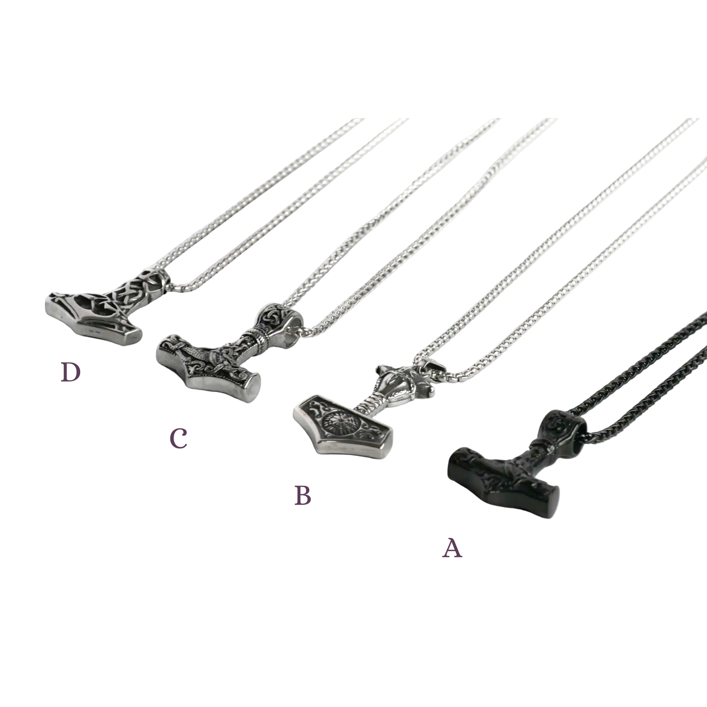 Set of four silver hammer necklaces with different pendants and their labels from A to D on a white background