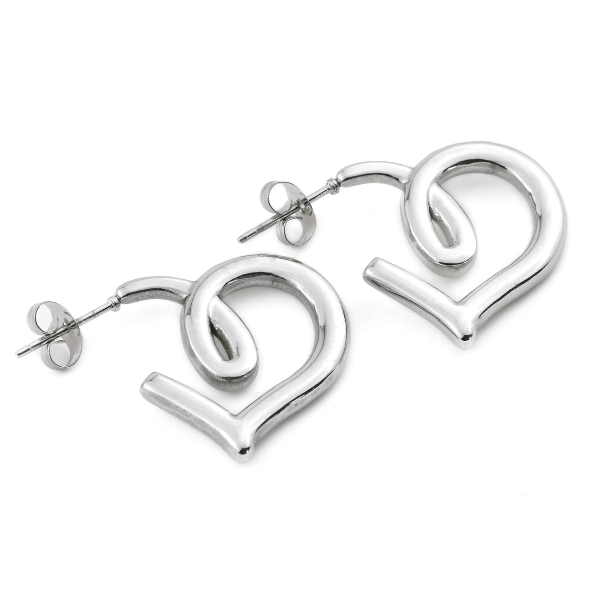 Silver heart-shaped earrings on a white background