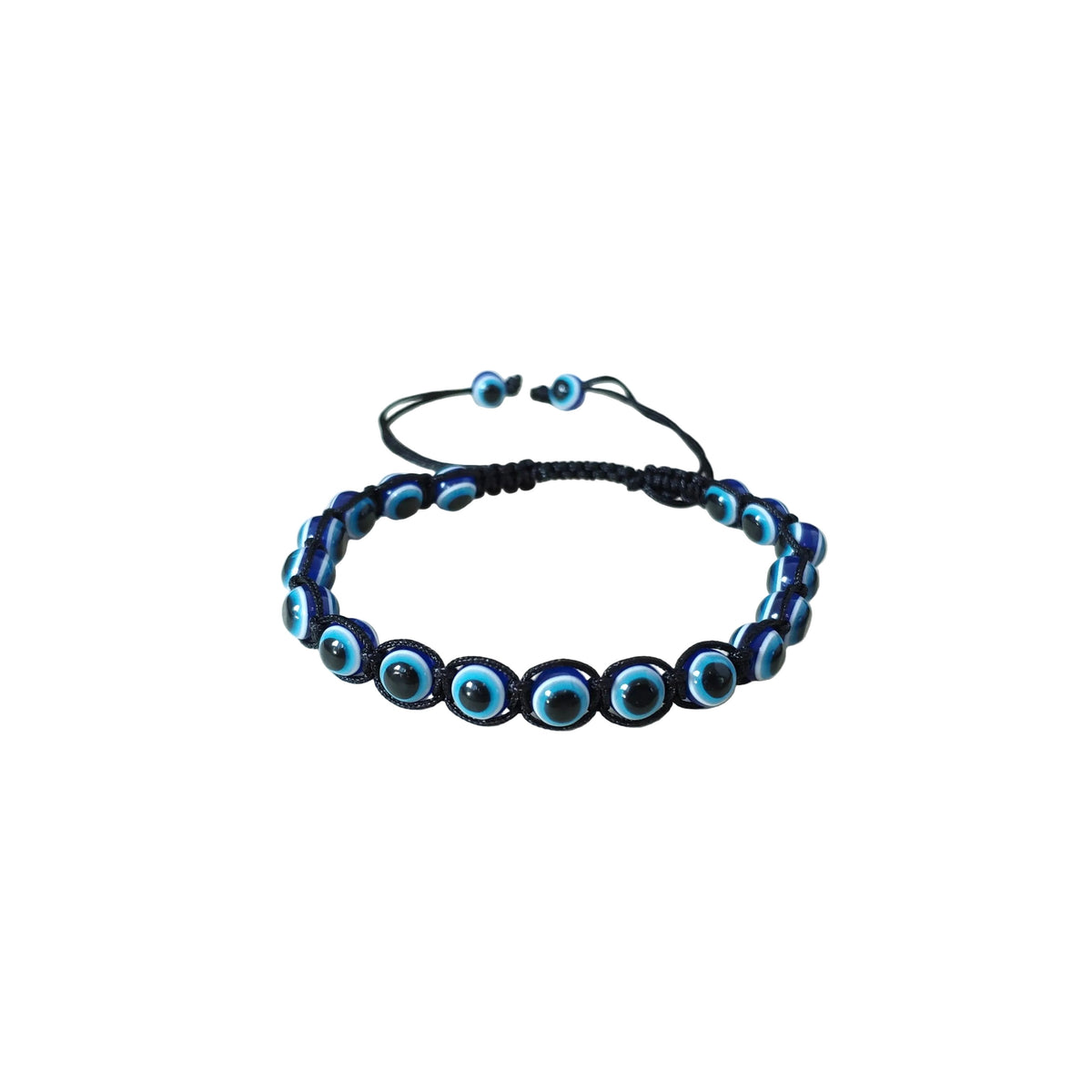 Black bracelet with blue beads and a sliding knot on a white background