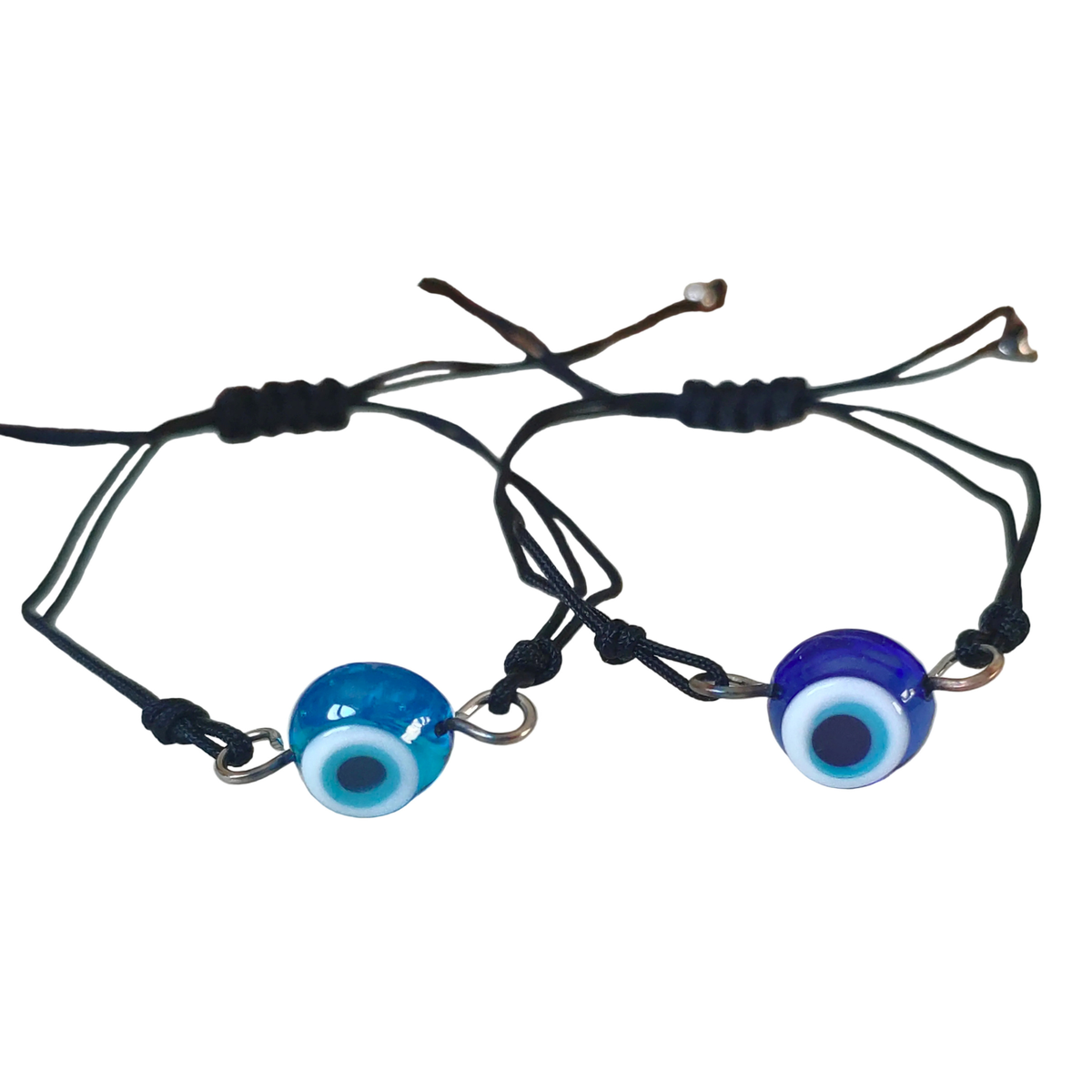 Two black cord bracelets with light and dark blue round evil eye beads on a white background