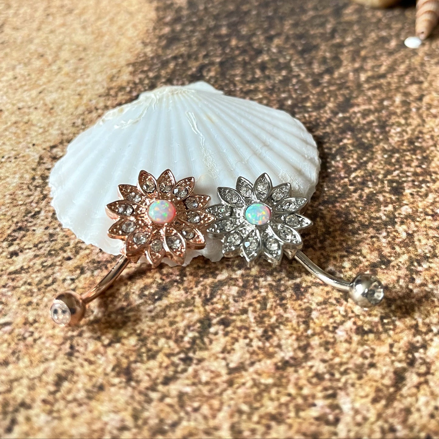 Opal Belly Ring, Flower Belly Button Ring, Surgical Steel 14G