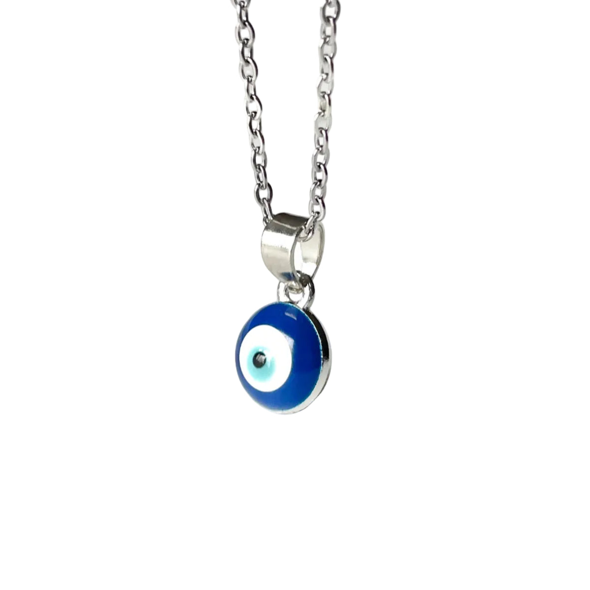Necklace with a blue evil eye pendant on a white background