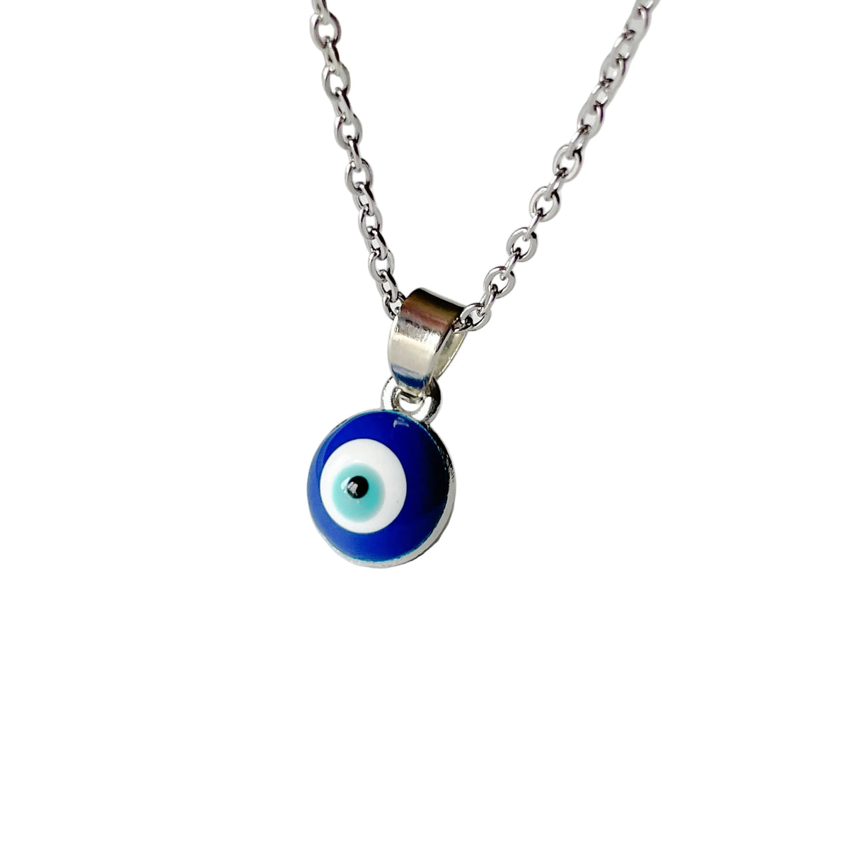 A blue and white evil eye necklace with a silver chain and a double-sided pendant.