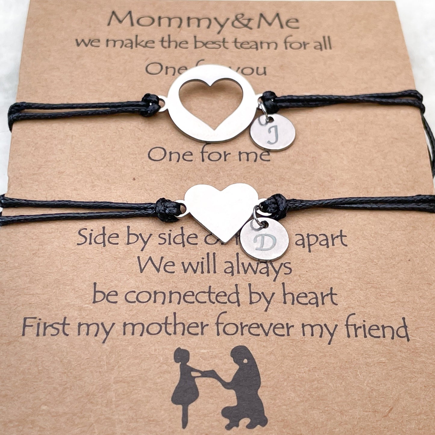 Black Cord Silver Heart Bracelet Set - Stainless Steel - Engravable