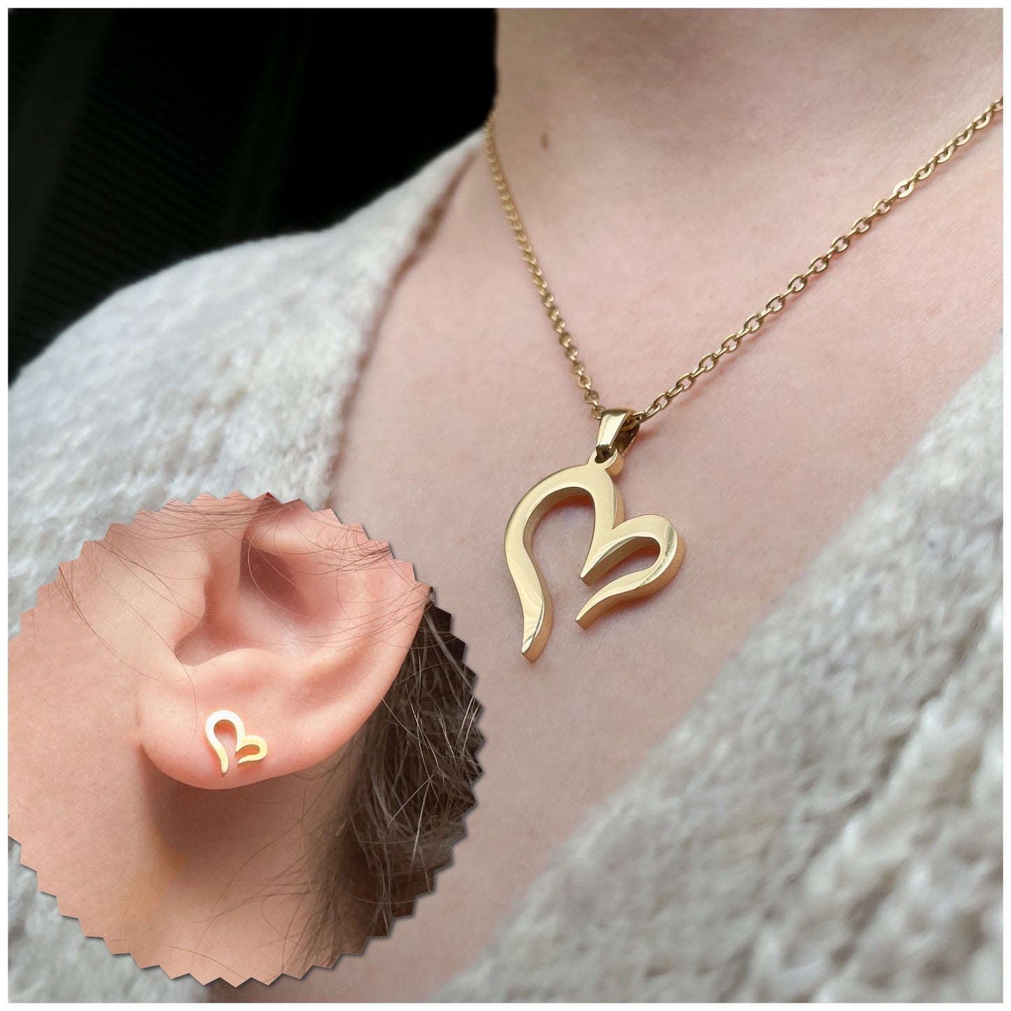 Large heart medallion pendant necklace in gold and matching studs on a person