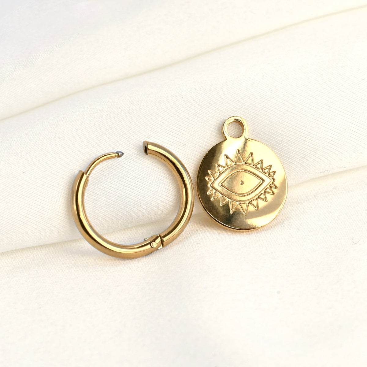 Boho Evil Eye Coin Charm Hoop Earrings - Stainless Steel