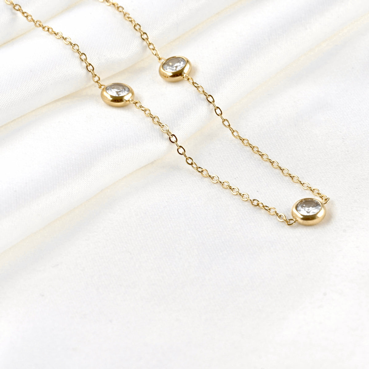 Gold Bezel Station Necklace - Stainless Steel - 18"