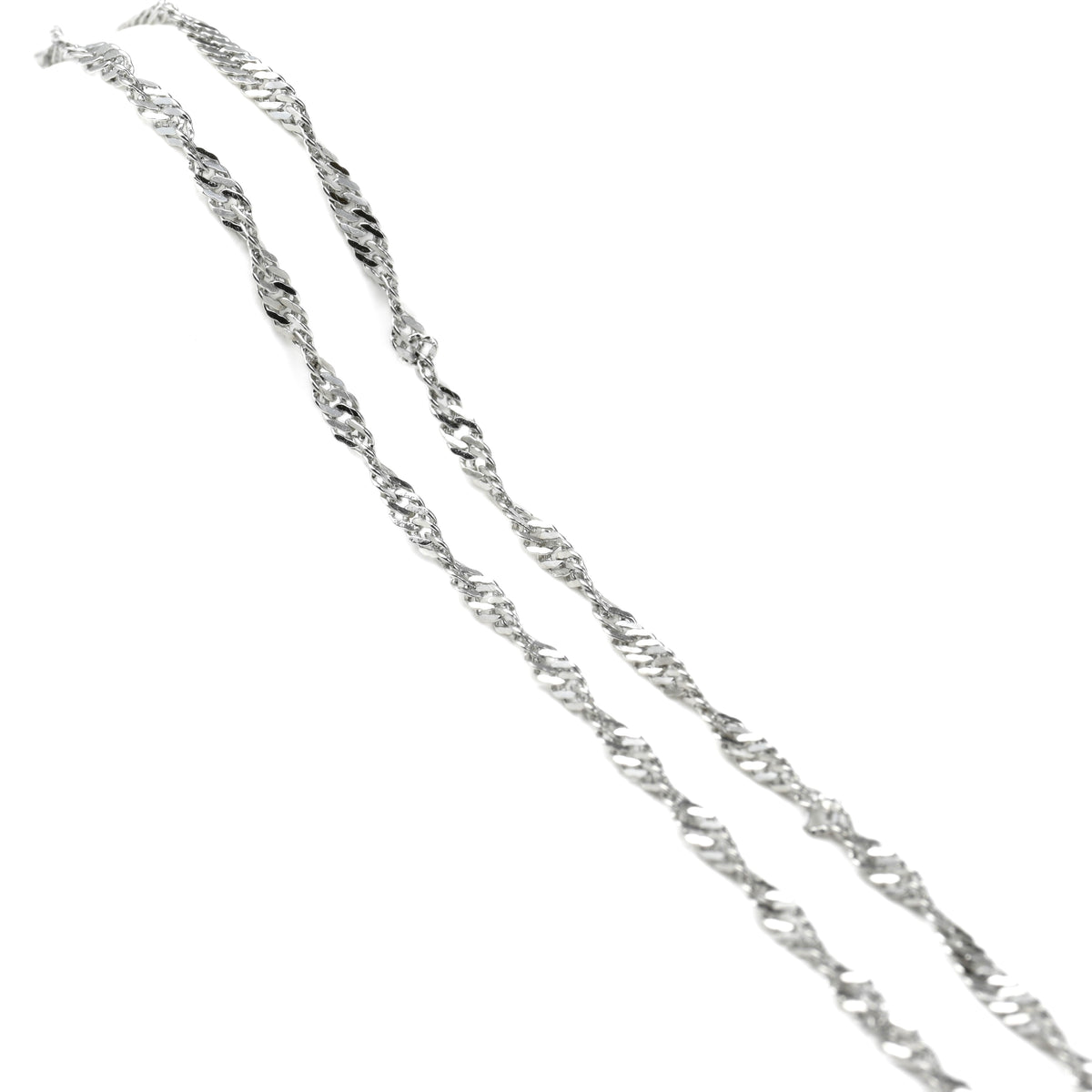 Silver singapore chain necklace on a white background