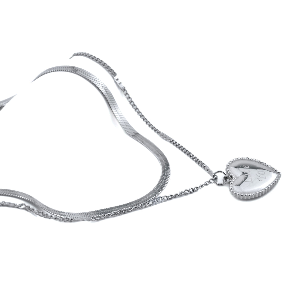 Side view of silver heart necklace