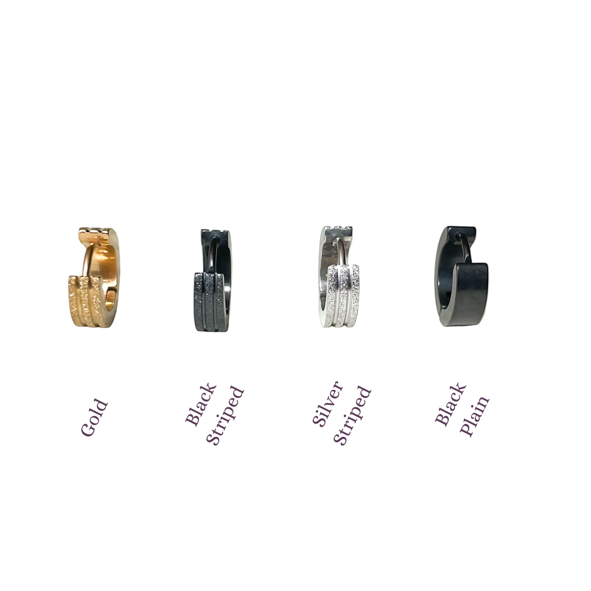 Four pairs of hoop earrings in different styles and colors on a white background.