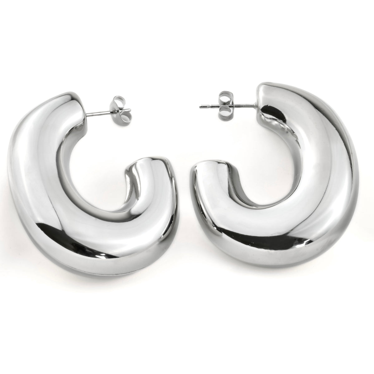 Silver oval C hoop earrings on a white background