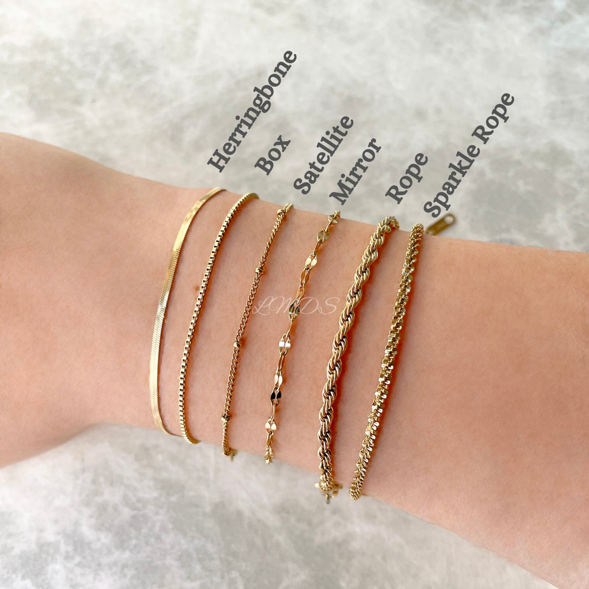 Dainty gold bracelet stack, including a dainty box chain, on a wrist with different styles labeled