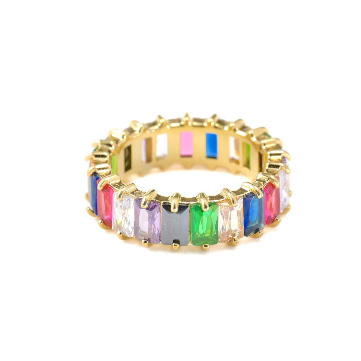 Gold ring with colorful CZ stones on a white background