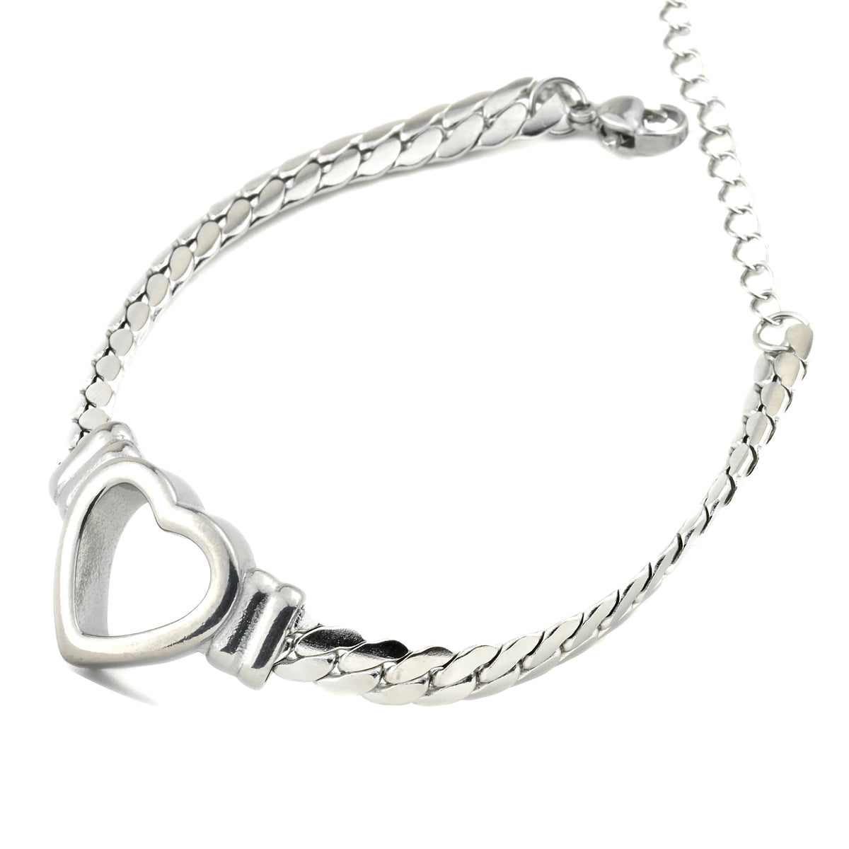Silver heart bracelet on a white background