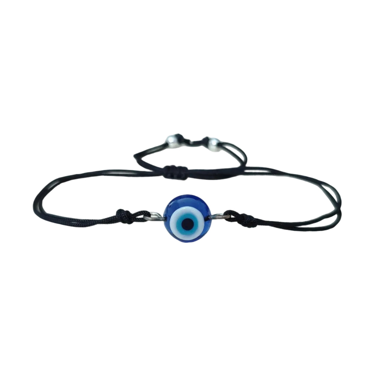 Black cord bracelet with a blue glass round evil eye charm on a white background