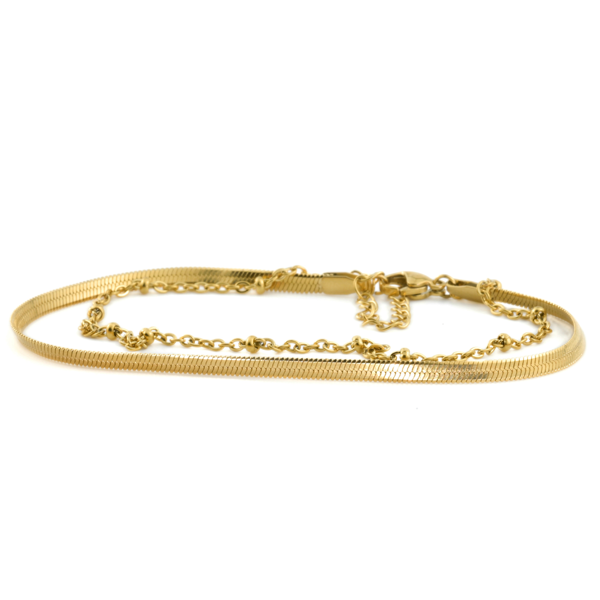 Double-layered gold chain anklet on a white background