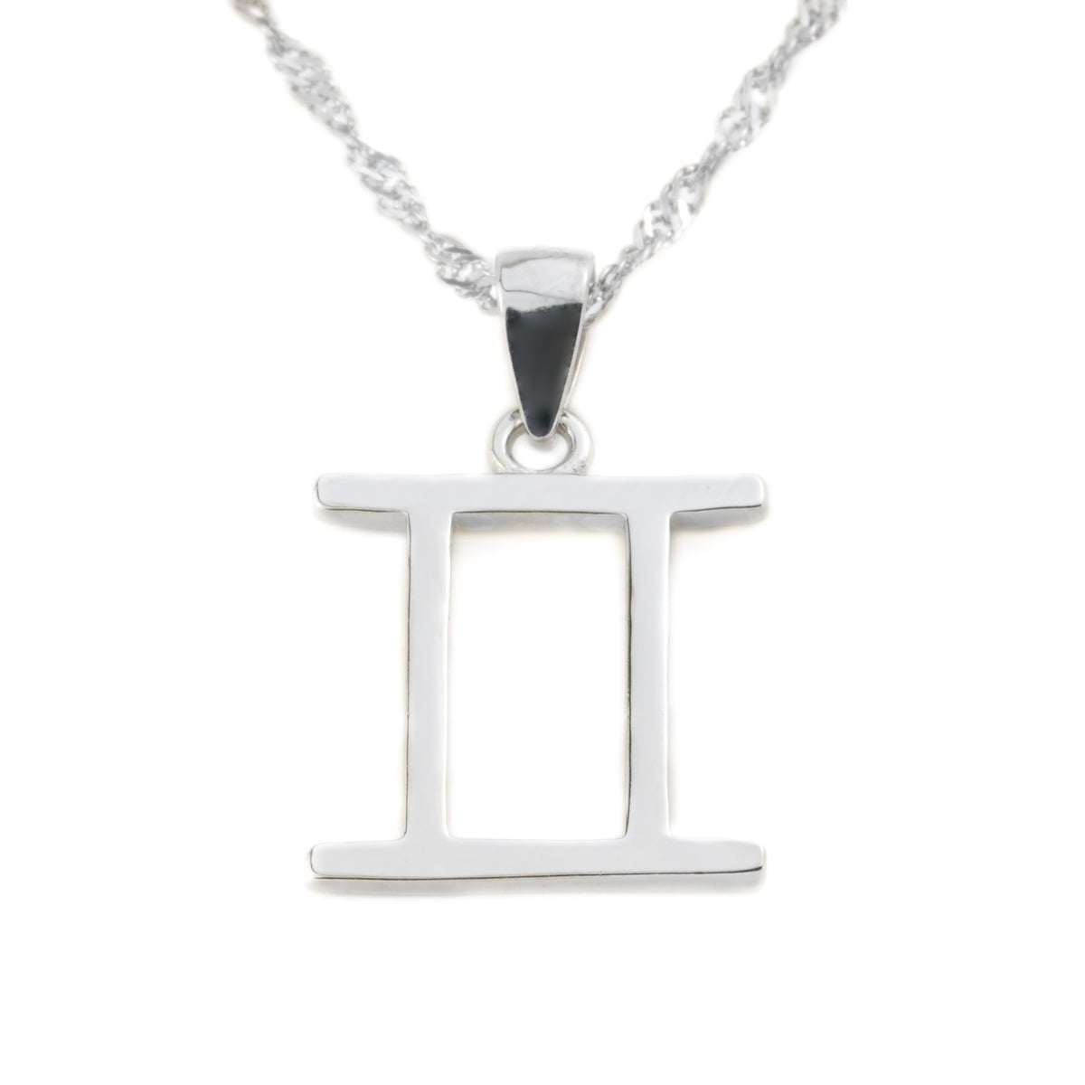 Silver Gemini pendant necklace on a white background