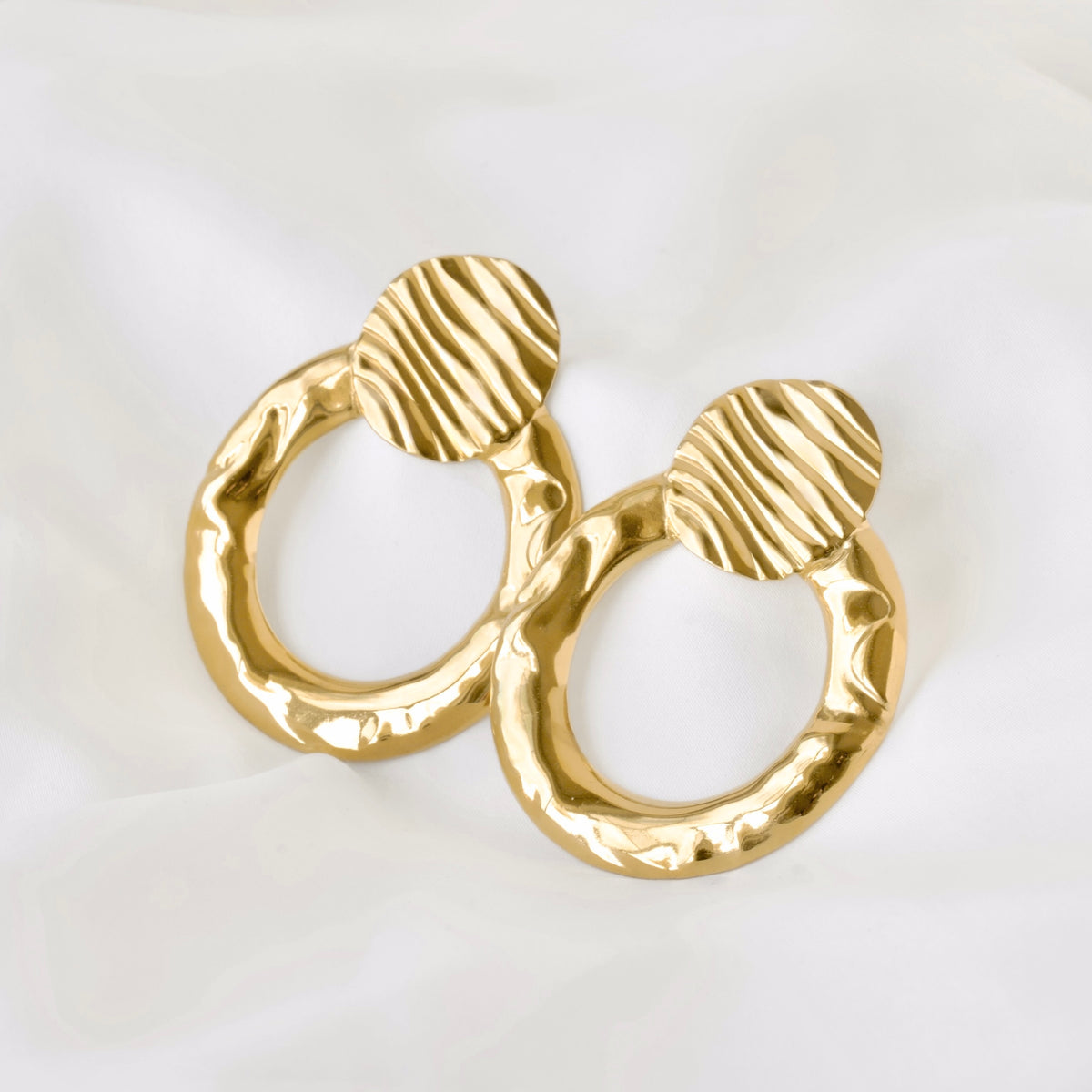Hammered Double Circle Statement Earrings - Stainless Steel