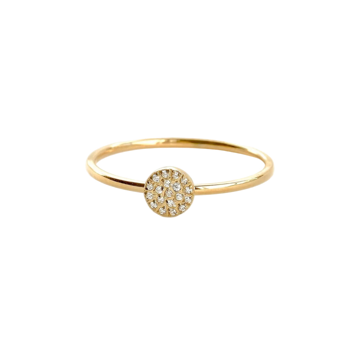 Front view of slim gold ring with a pave CZ disc in front on a white background