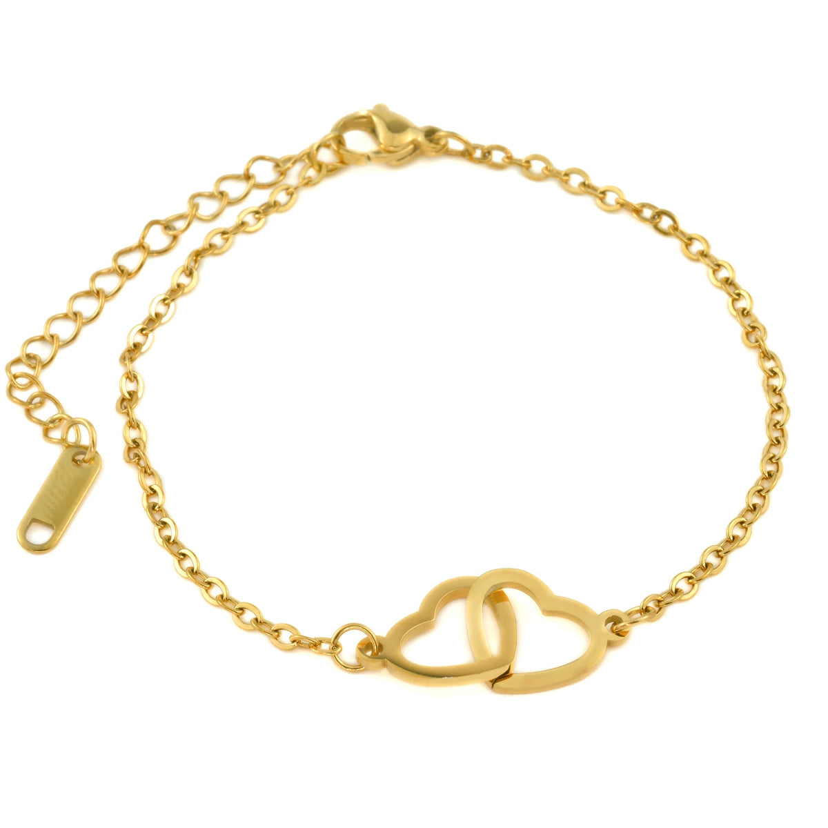 Top view of gold heart bracelet with interlocking heart charms on a white background