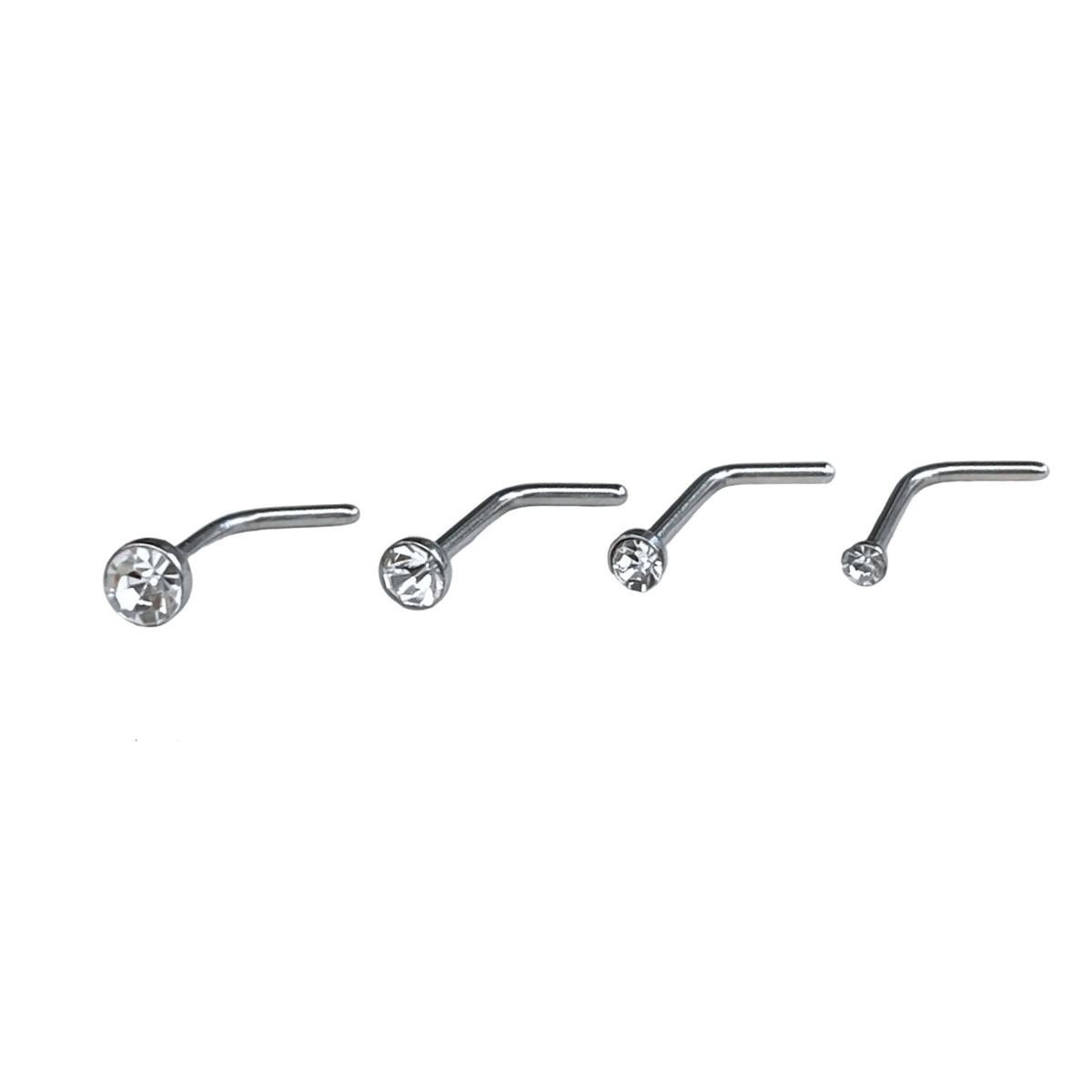 Set of four silver nose studs with clear stones positioned big to small (from 3mm to 1.5mm) on a white background