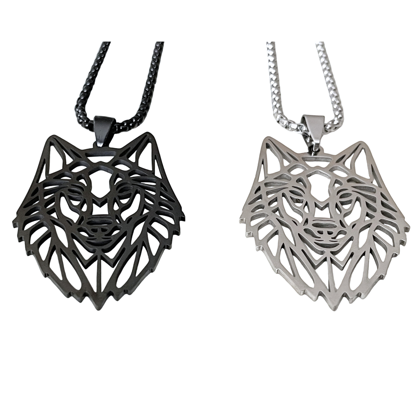 Two wolf-shaped pendants, one black and one silver, on white backgrounds.