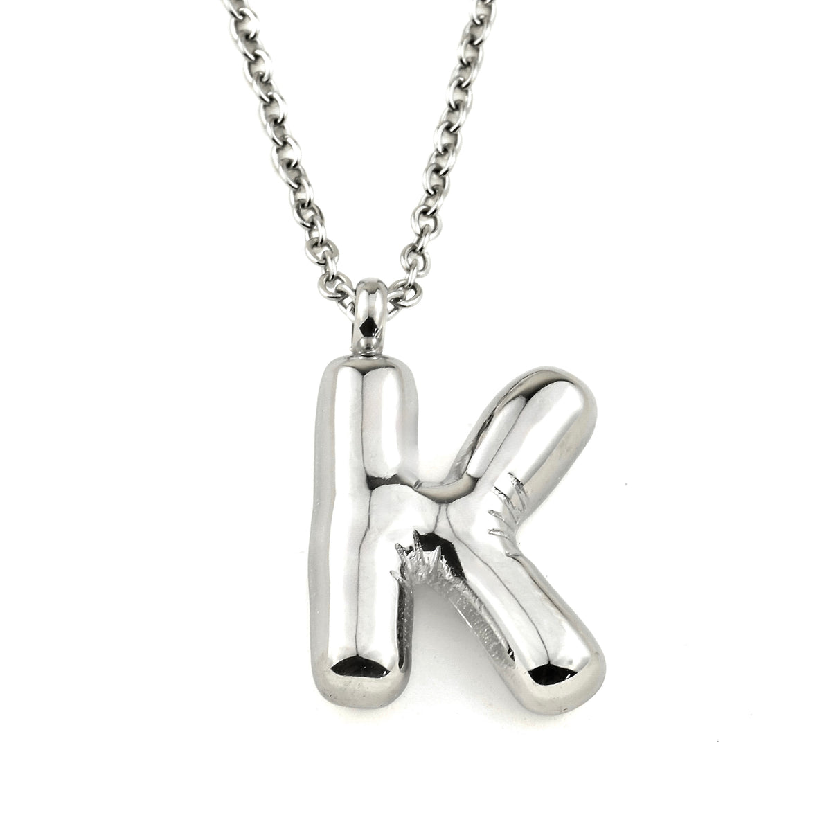 Silver balloon'K' letter necklace on a white background