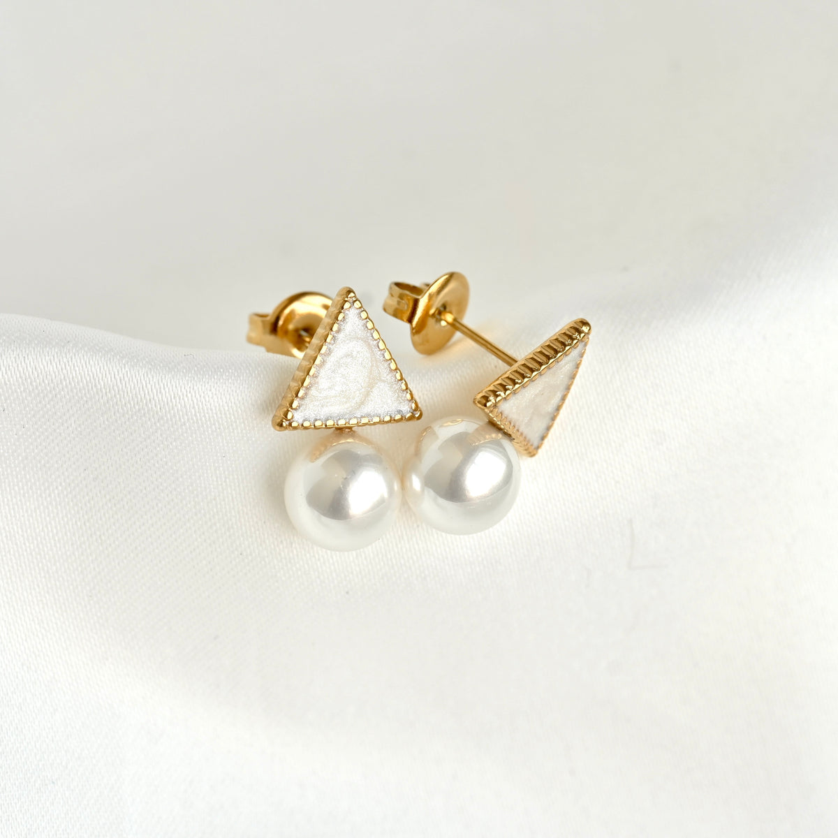 Milgrain Triangle Pearl Earrings - Stainless Steel