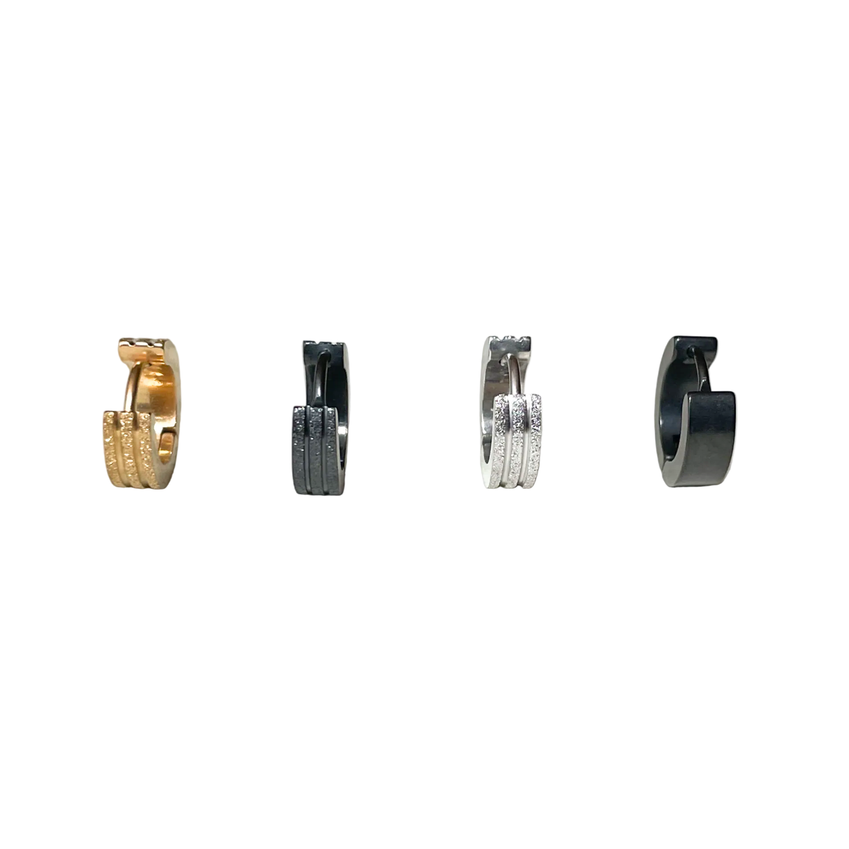 Set of four small wide hoop earrings in different colors and textures on a white background