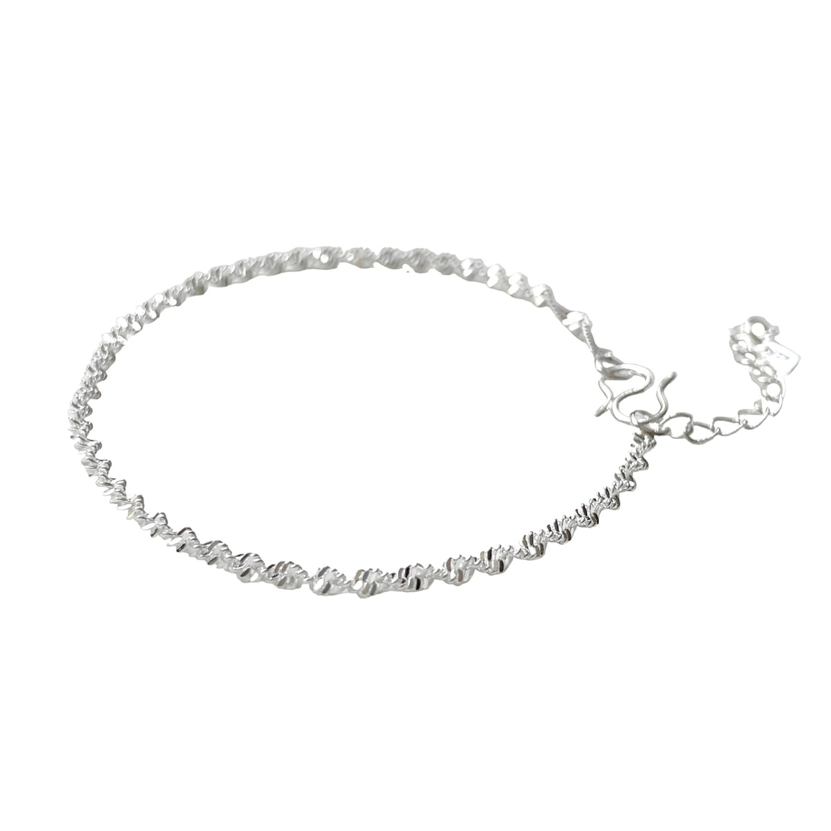 Silver singapore chain bracelet with S hoop clasp and extender on a white background