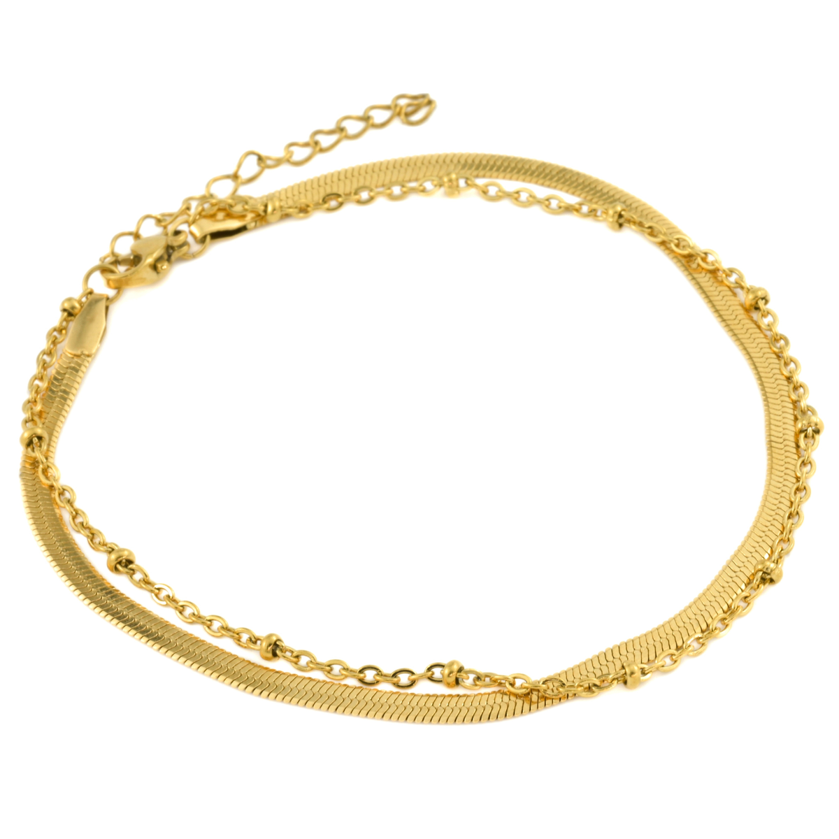 Top view of gold chain anklet bracelet on a white background