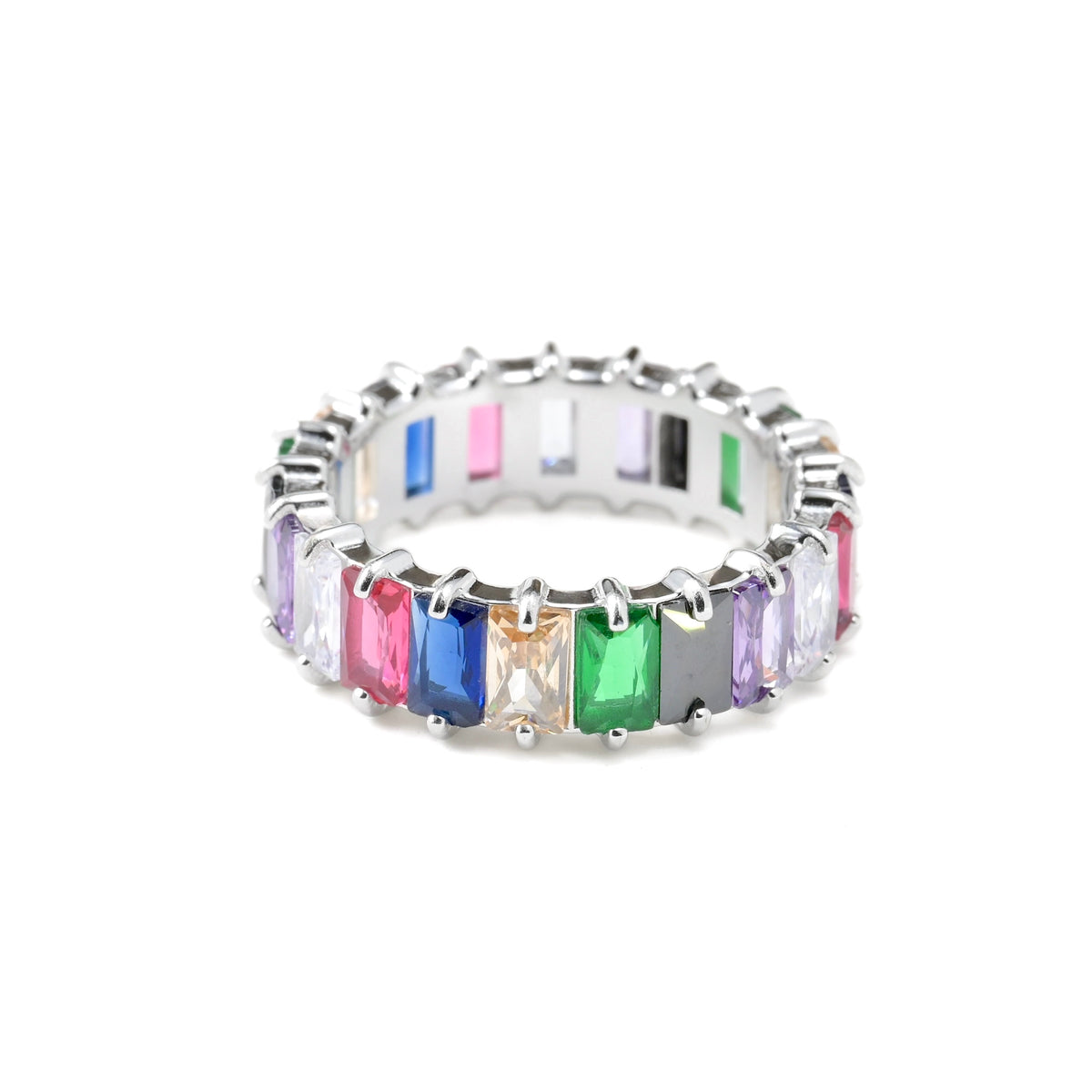 Ring with multicolored gemstones on a white background
