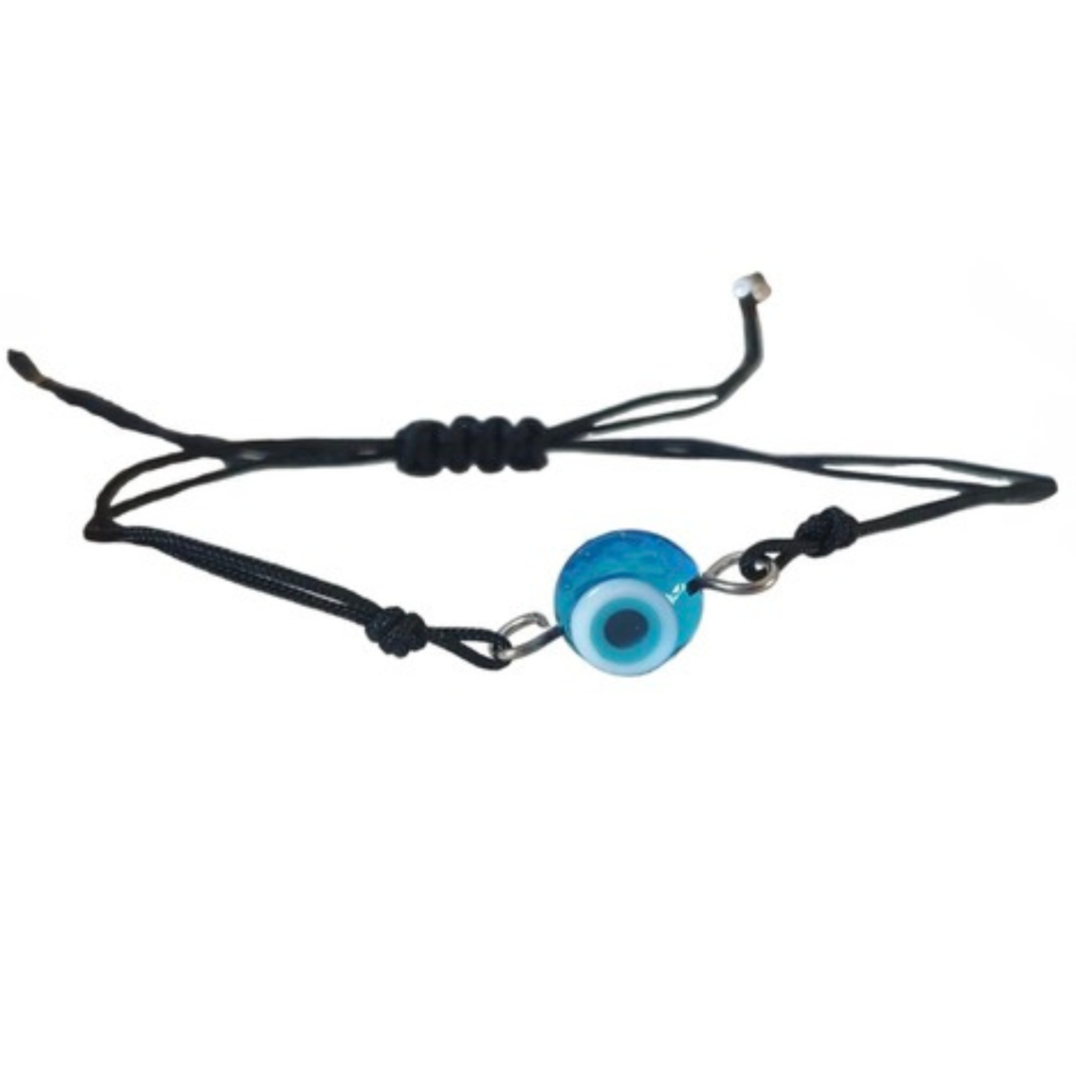 Black cord bracelet with a light blue glass round evil eye charm on a white background