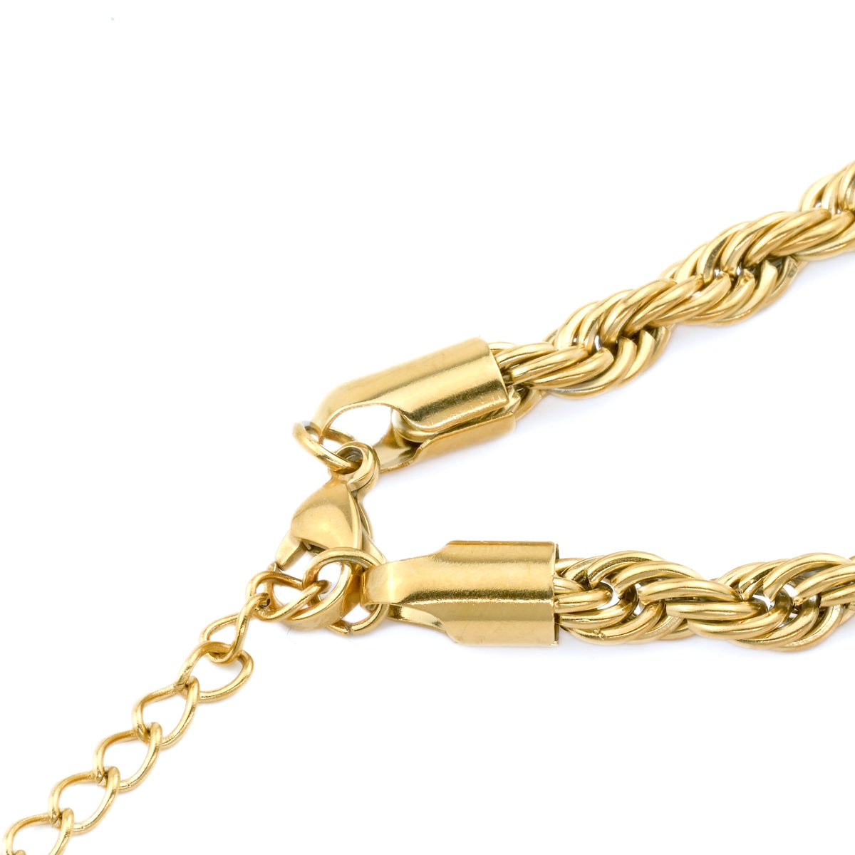 Close up view of the clasp area of thick gold rope chain bracelet on a white background