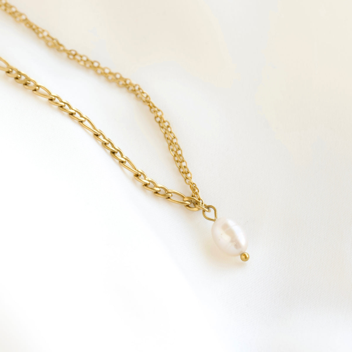 Mixed Chain Pearl Necklace - Stainless Steel Figaro & Cable