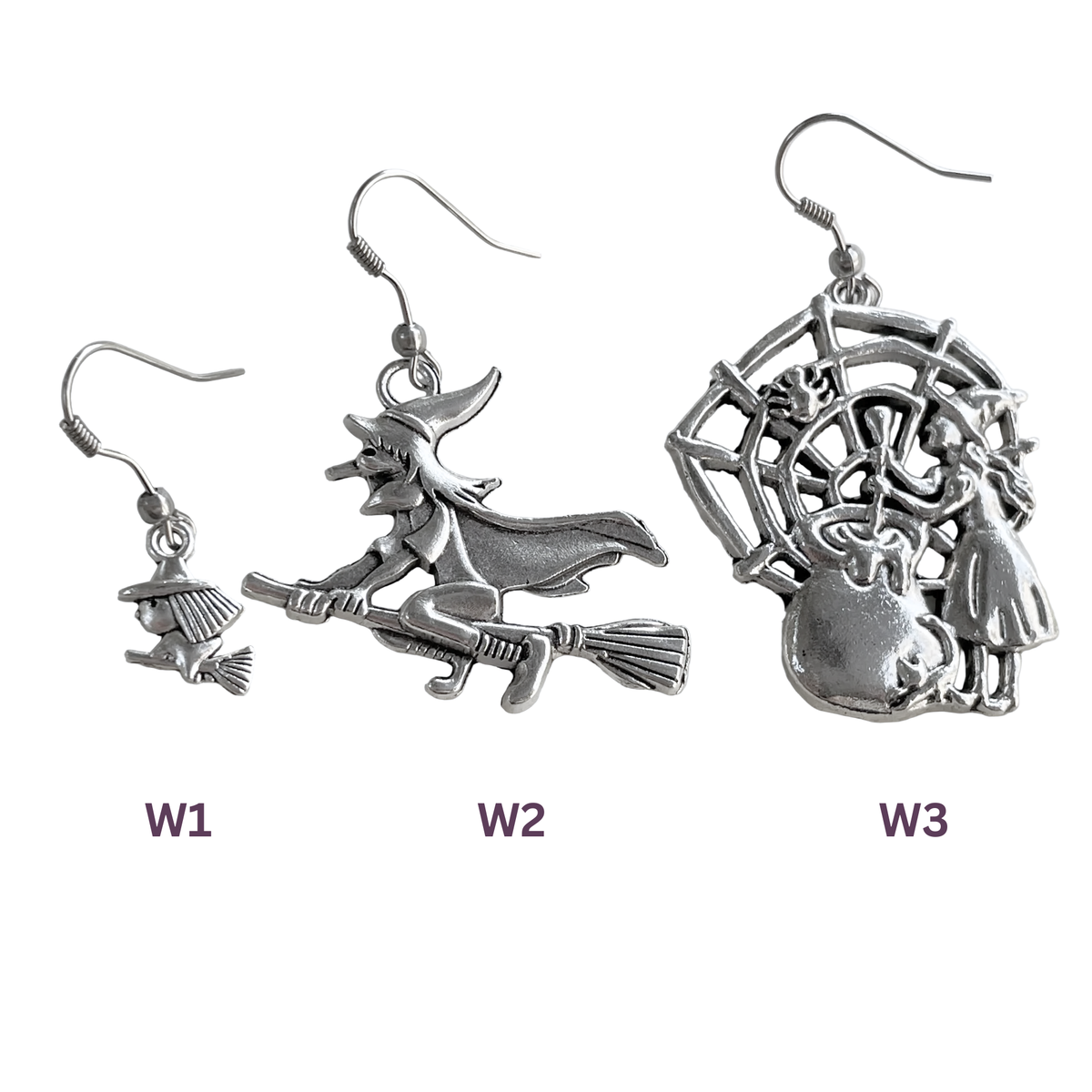 Three witch-themed dangle earrings on a white background