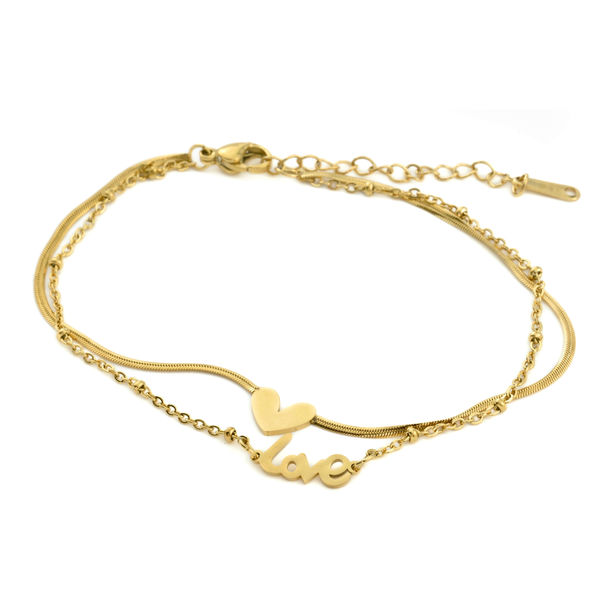 Gold anklet with 'Love' charm and a heart on a white background