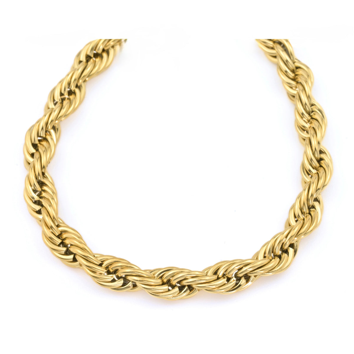 Thick 6mm gold twisted rope chain necklace on a white background